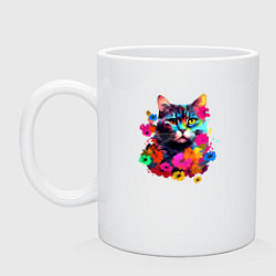 Кружка керамическая Котик в цветах - нейросеть, цвет: белый
