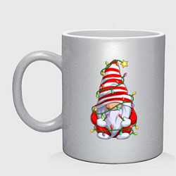 Кружка керамическая Новогодний гном с гирляндой, цвет: серебряный