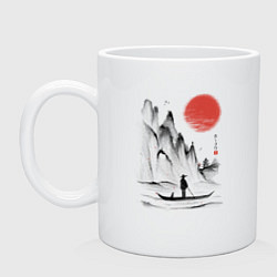 Кружка керамическая Традиционный японский пейзаж с рыбаком и горами, цвет: белый