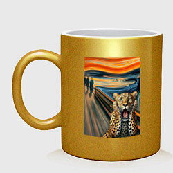Кружка керамическая Леопард кричит - мем картина от нейросети, цвет: золотой