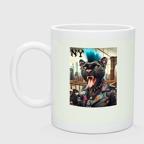 Кружка Чувак пантера панк с фотоаппаратом - нейросеть / Фосфор – фото 1