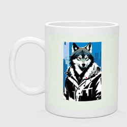 Кружка керамическая Волк в мегаполисе - нейроарт, цвет: фосфор