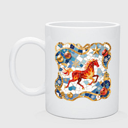 Кружка керамическая Новый год красной лошади с новогодними шарами, цвет: белый