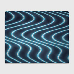 Плед флисовый Неоновый свет Волны голубые на темном фоне, цвет: 3D-велсофт