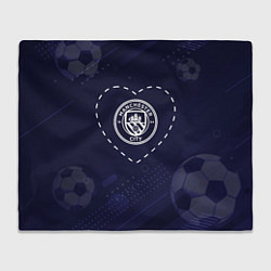 Плед флисовый Лого Manchester City в сердечке на фоне мячей, цвет: 3D-велсофт
