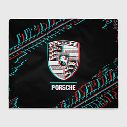 Плед флисовый Значок Porsche в стиле Glitch на темном фоне, цвет: 3D-велсофт