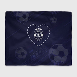Плед флисовый Лого Sporting в сердечке на фоне мячей, цвет: 3D-велсофт