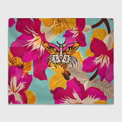 Плед флисовый Цветы, бабочка и морда тигра, цвет: 3D-велсофт