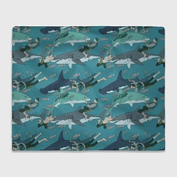 Плед флисовый Ныряльщики и акулы - паттерн, цвет: 3D-велсофт