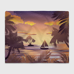 Плед флисовый Лодка в море на закате возле тропических островов, цвет: 3D-велсофт