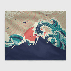 Плед флисовый Большая океанская волна и силуэт пустынного остров, цвет: 3D-велсофт