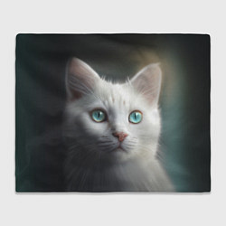 Плед флисовый Милый белый кот с голубыми глазами, цвет: 3D-велсофт