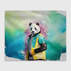 Плед флисовый Прикольный панда в модной куртке, цвет: 3D-велсофт