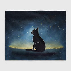 Плед флисовый Черный кот и звезды - акварель, цвет: 3D-велсофт