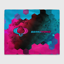 Плед флисовый SsangYong - neon gradient: надпись и символ, цвет: 3D-велсофт