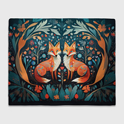 Плед флисовый Две лисички в стиле фолк арт, цвет: 3D-велсофт