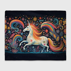 Плед флисовый Радужная лошадка в стиле фолк-арт, цвет: 3D-велсофт
