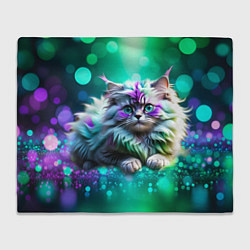 Плед флисовый Пушистый котенок в бирюзово фиолетовом боке, цвет: 3D-велсофт