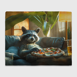 Плед флисовый Енот ест пиццу на диване, цвет: 3D-велсофт
