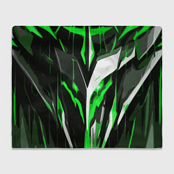 Плед флисовый Зелёно-белая абстракция и чёрный фон, цвет: 3D-велсофт