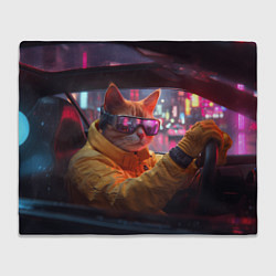 Плед флисовый Кот за рулем авто - киберпанк, цвет: 3D-велсофт
