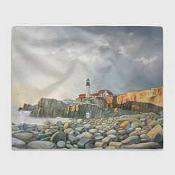 Плед флисовый Маяк и камни на пляже - акварельный рисунок, цвет: 3D-велсофт