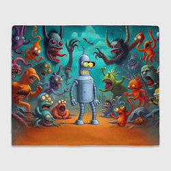 Плед флисовый Робот-сгибальщик Бендер в окружении монстров, цвет: 3D-велсофт