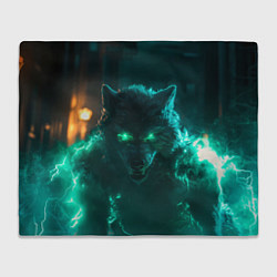 Плед флисовый Волк с зелеными глазами с молниями, цвет: 3D-велсофт