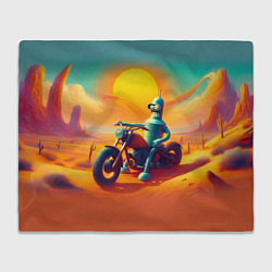 Плед флисовый Робот Бендер на мотоцикле в пустыне, цвет: 3D-велсофт