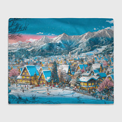 Плед флисовый Новогодняя деревушка в горах, цвет: 3D-велсофт