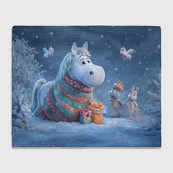 Плед флисовый Новогодняя лошадь с подарками, цвет: 3D-велсофт