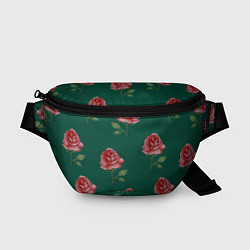 Поясная сумка Ярко красные розы на темно-зеленом фоне, цвет: 3D-принт