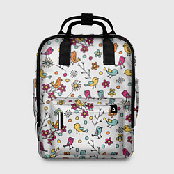 Женский рюкзак Птицы и цветы Разноцветный узор в дудл стиле