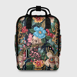 Рюкзак женский Паттерн из цветов, черепов и саламандр, цвет: 3D-принт