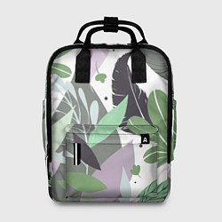 Рюкзак женский Зелёные, серые, голубые, сиреневые листья на белом, цвет: 3D-принт