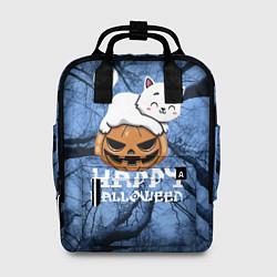 Рюкзак женский Белая кошечка верхом на тыкве, цвет: 3D-принт