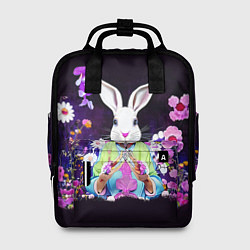 Женский рюкзак Кролик в цветах на черном фоне