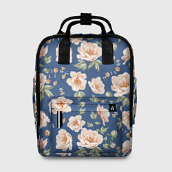 Рюкзак женский Розовые пионы на синем фоне, цвет: 3D-принт