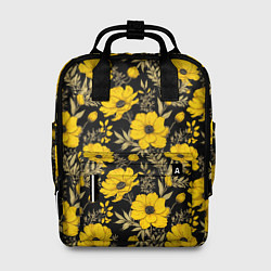 Рюкзак женский Желтые цветы на черном фоне паттерн, цвет: 3D-принт