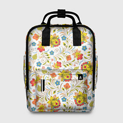 Рюкзак женский Хохломская роспись разноцветные цветы на белом фон, цвет: 3D-принт