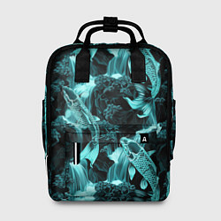 Рюкзак женский Карпы кои и водопад - бирюзовый неон, цвет: 3D-принт