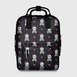 Рюкзак женский Милый паттерн с черепами и сердцечками на черном ф, цвет: 3D-принт