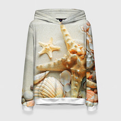 Толстовка-худи женская Морские ракушки, цвет: 3D-белый