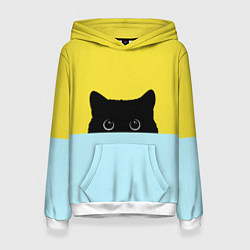Толстовка-худи женская Черный котик, цвет: 3D-белый