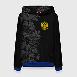 Толстовка-худи женская Герб России и орнамент, цвет: 3D-синий