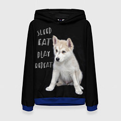 Толстовка-худи женская Sleep Eat Play Repeat Хаски щенок, цвет: 3D-синий