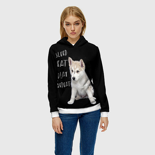 Женская толстовка Sleep Eat Play Repeat Хаски щенок / 3D-Белый – фото 3