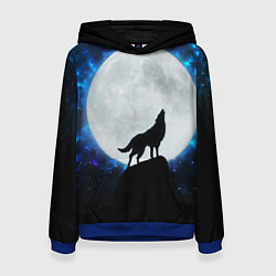 Толстовка-худи женская Волк воющий на луну, цвет: 3D-синий