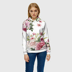 Толстовка-худи женская Розовые розы, цвет: 3D-белый — фото 2