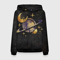 Толстовка-худи женская Сатурн, луна, спутник и звезды, цвет: 3D-черный